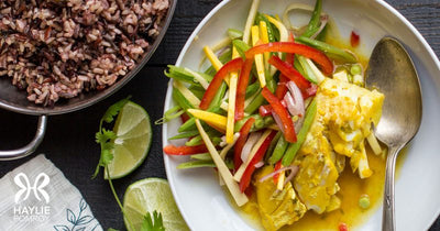 Curry-Poached Halibut with Snap Pea Slaw - Curry-Poached Halibut with Snap Pea Slaw