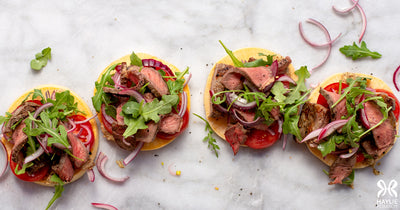 Open-Faced Jicama Steak Sandwich with Arugula, Red Onion, and Tomato - Open-Faced Jicama Steak Sandwich with Arugula, Red Onion, and Tomato