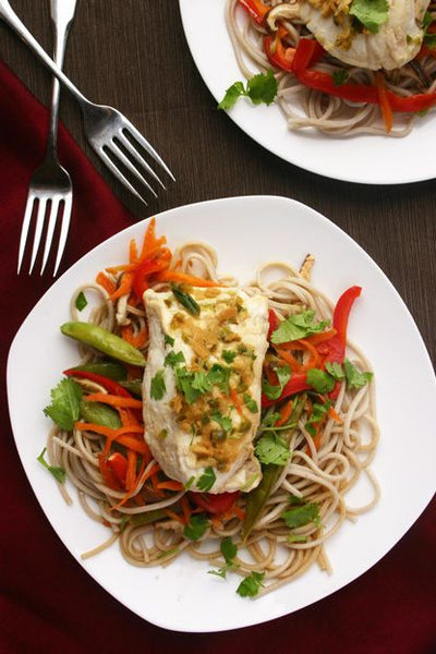 Tamari-Ginger Steamed Halibut with Veggies - Tamari-Ginger Steamed Halibut with Veggies