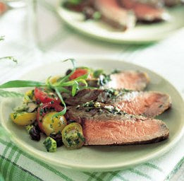 Herb-Crusted Flank Steak with Cherry Tomatoes and Olives - Herb-Crusted Flank Steak with Cherry Tomatoes and Olives